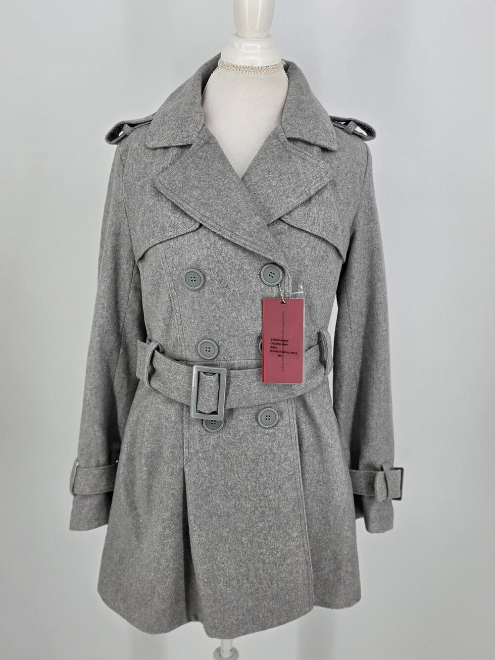 NWT Yoki Womens Size L Grey Trench Coat Double Breasted Pleated Peacoat Jacket
